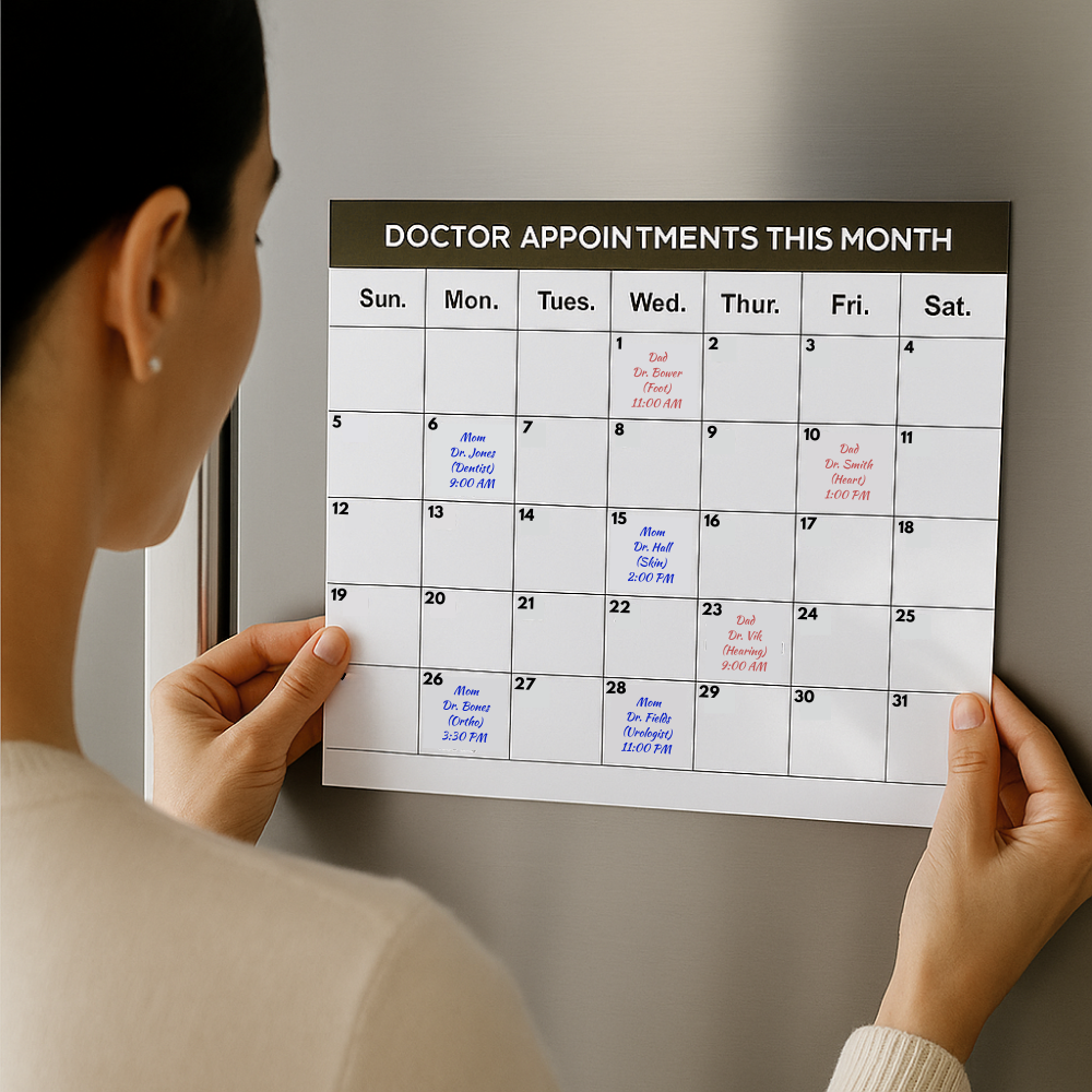 A woman looking at an appointment calendar with writing