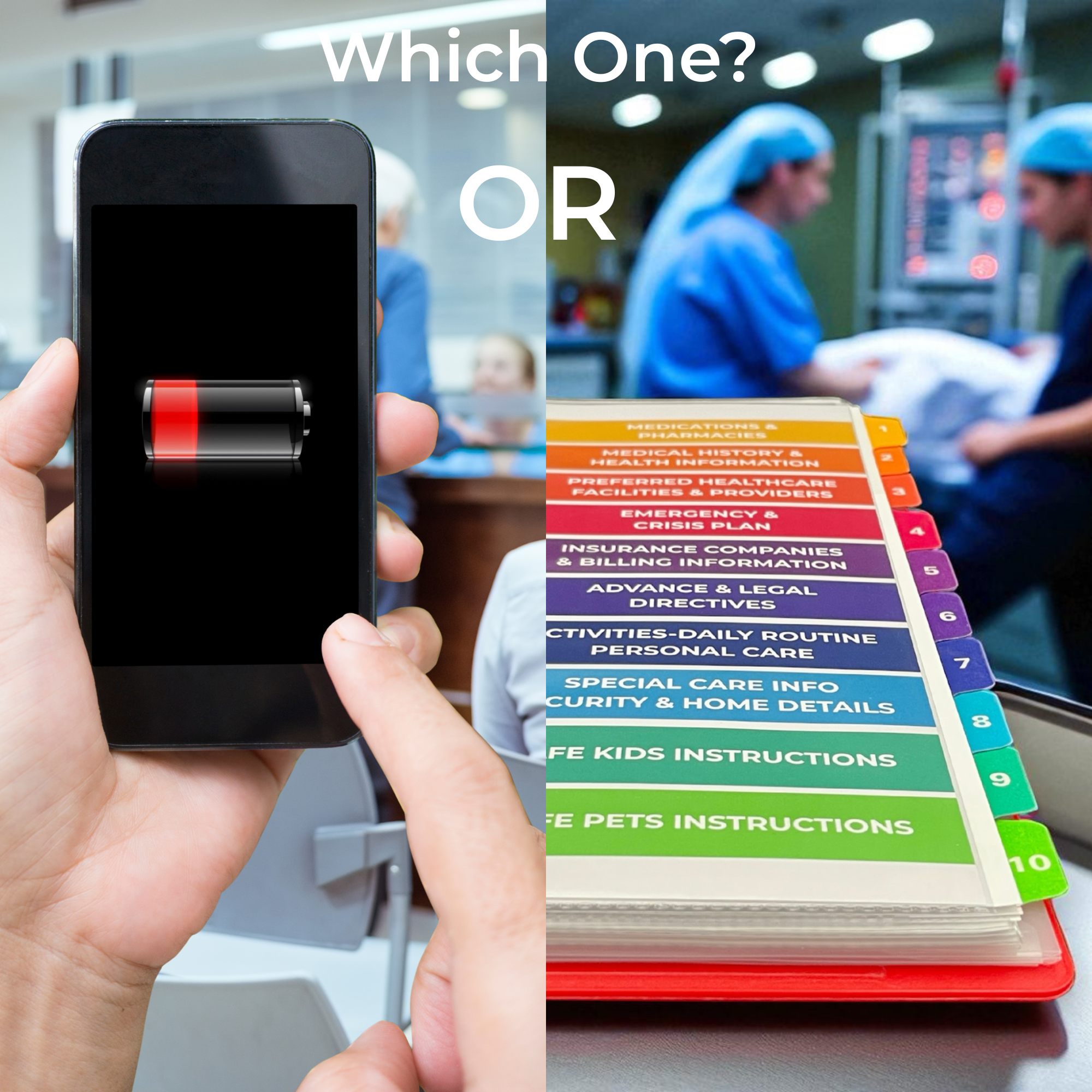 Phone with low battery indicator and colorful table of contents in a hospital setting