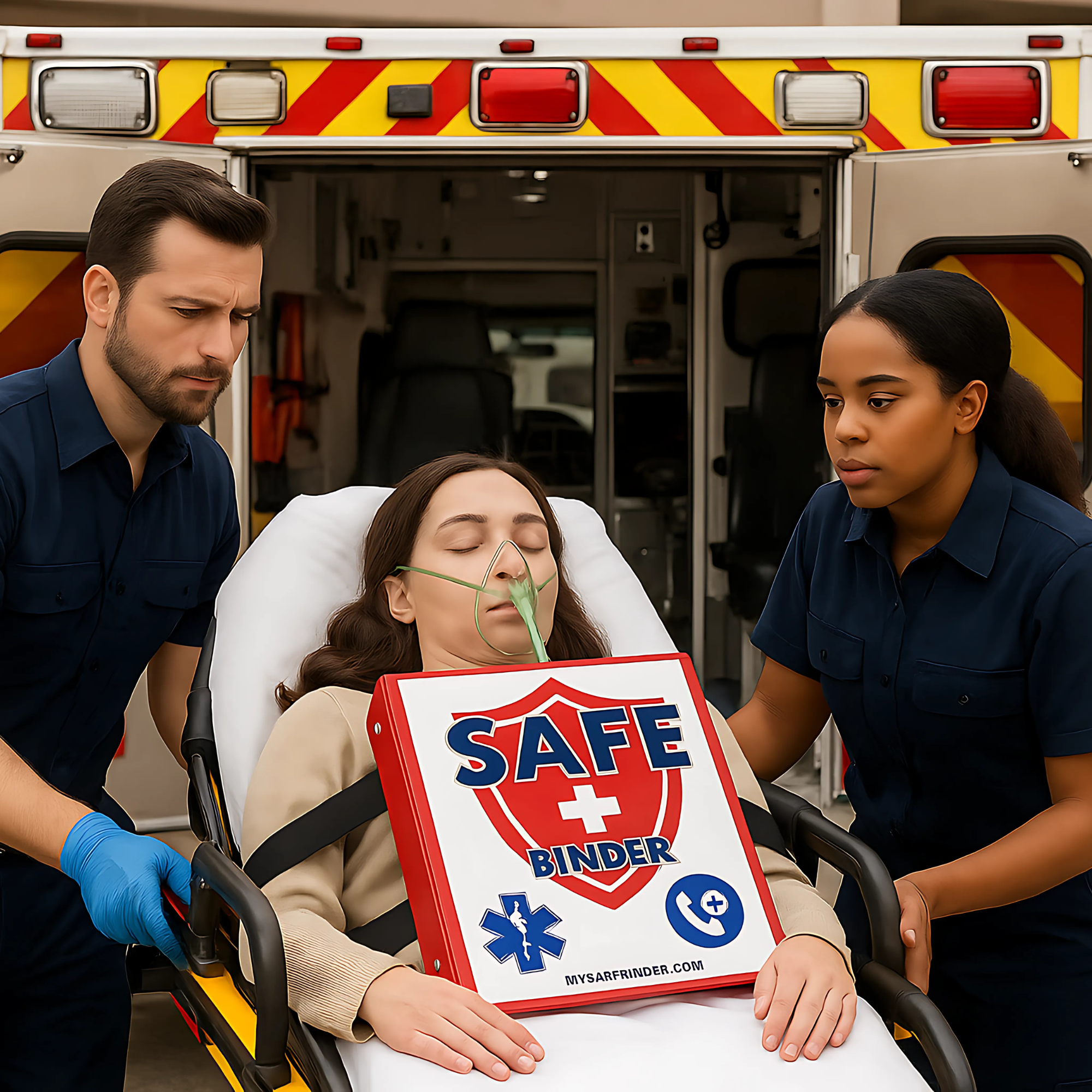 A person on a stretcher being loaded into an ambulance with a SAFE Binder on their chest