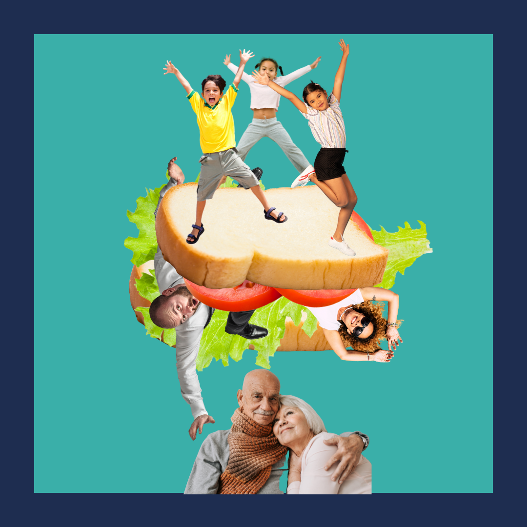 Children playing on a sliced bread with lettuce and tomato, with an elderly couple at the bottom