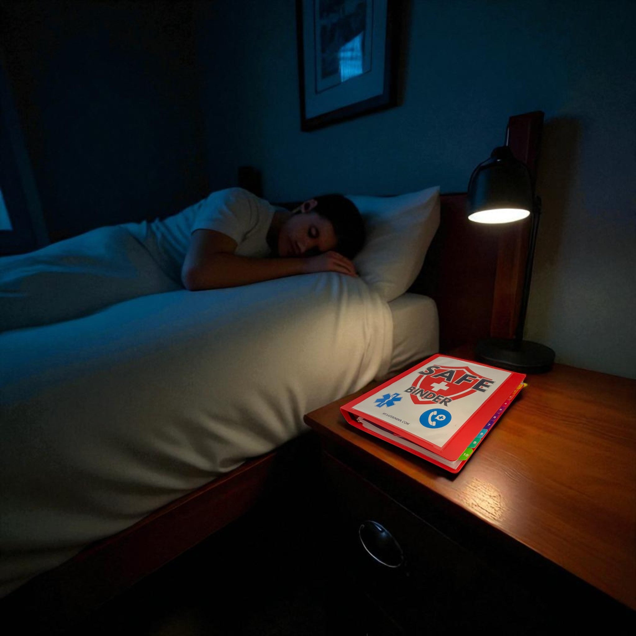 Person lying in bed with a SAFE Binder on a nightstand in a dimly lit bedroom