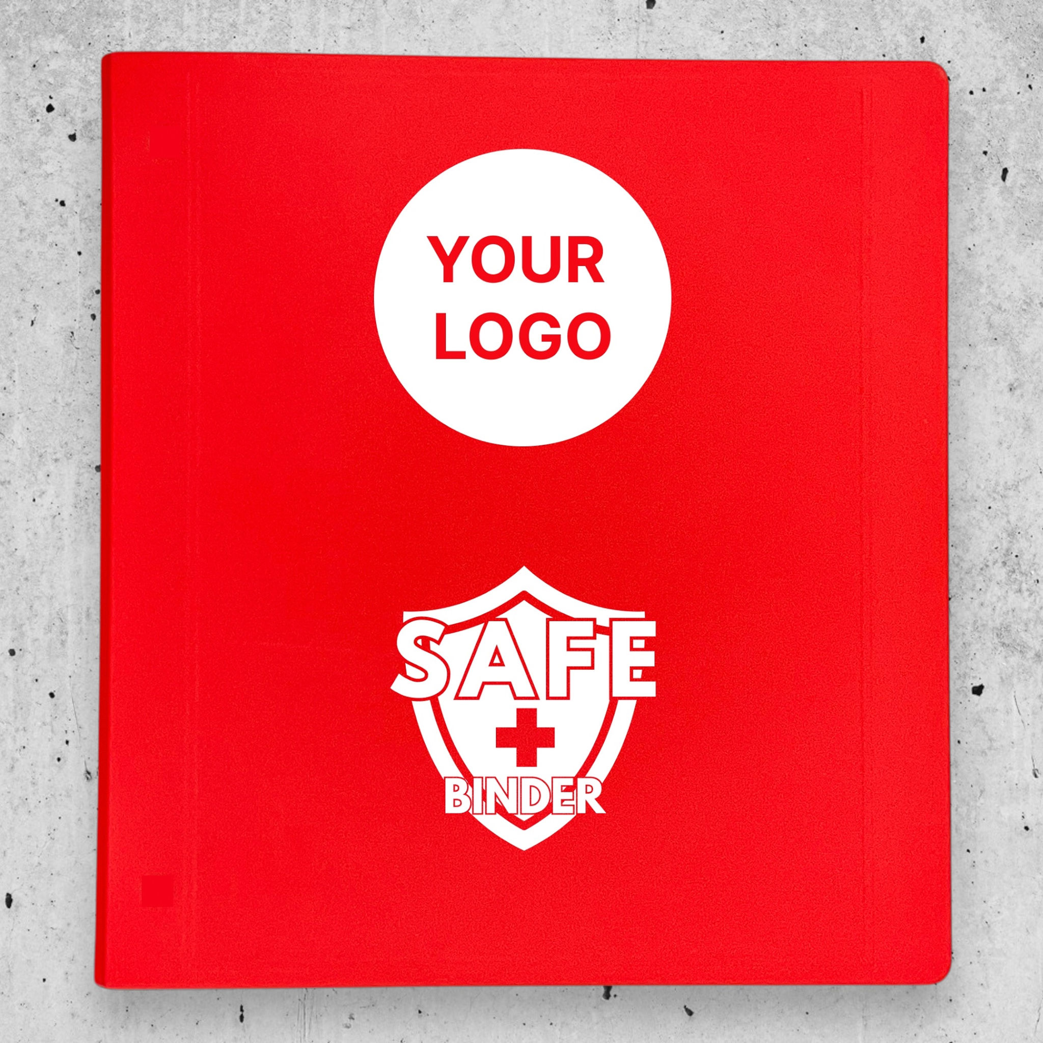 A red binder with the SAFE Binder logo and a placeholder for a custom logo