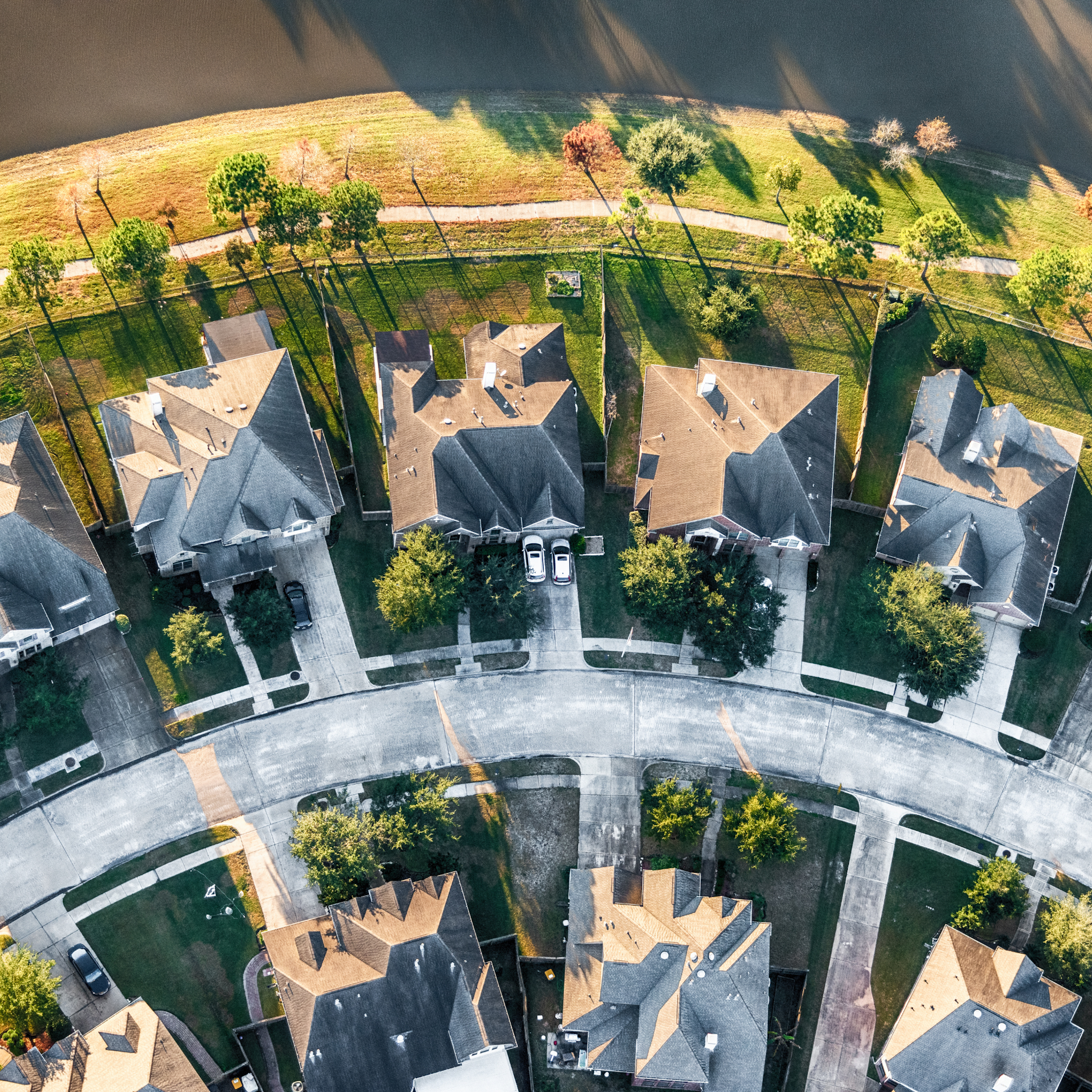 An aerial shot of a row of houses