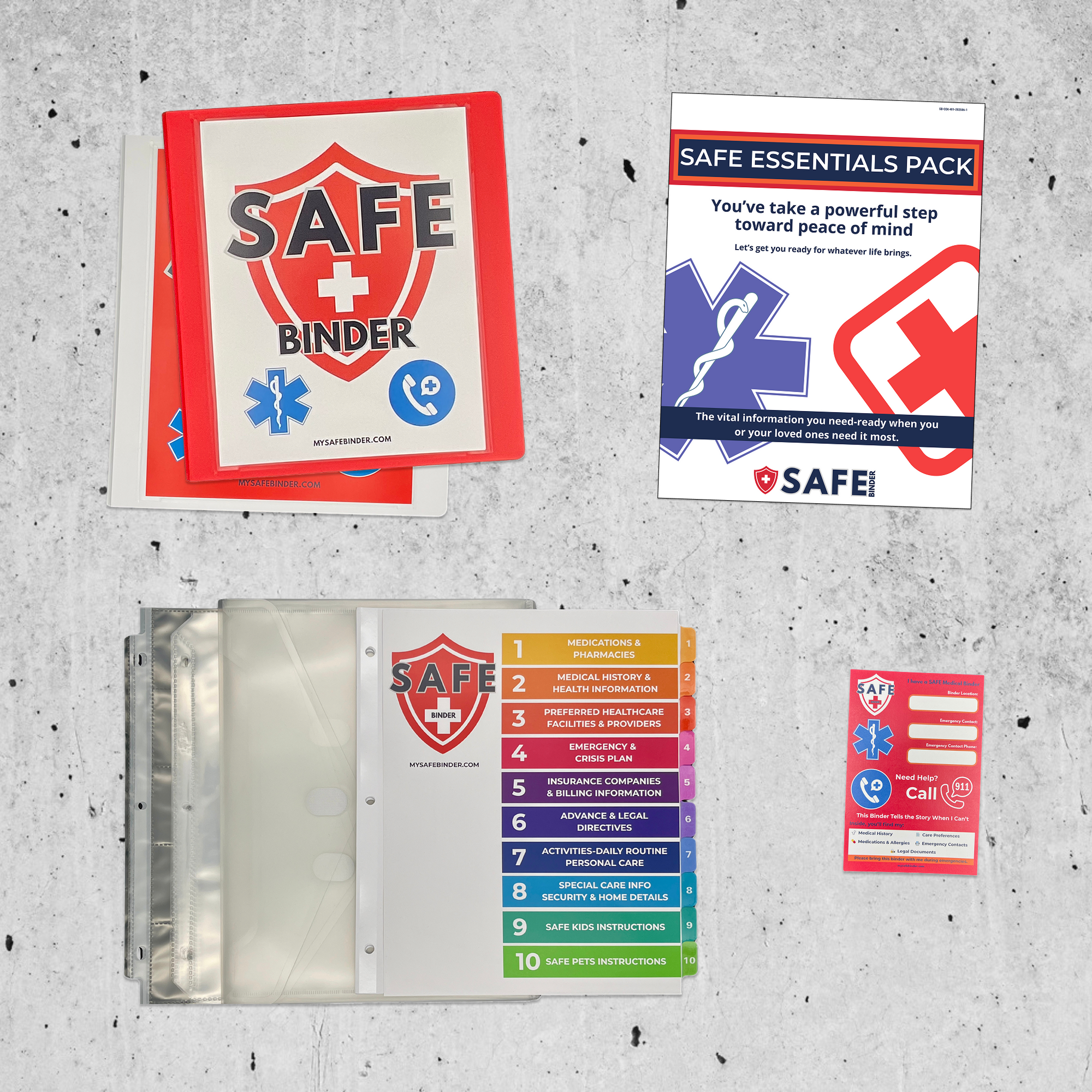 SAFE Binder and included materials on a concrete background