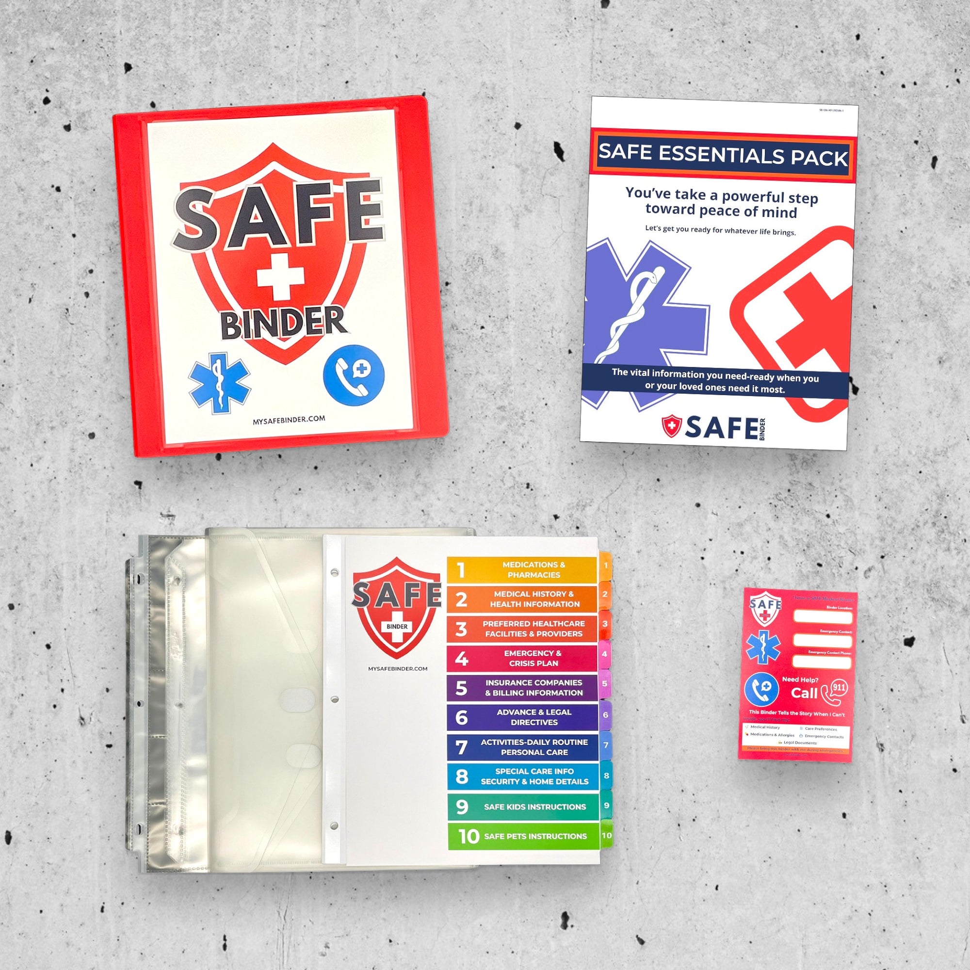 SAFE Binder and included materials on a concrete background