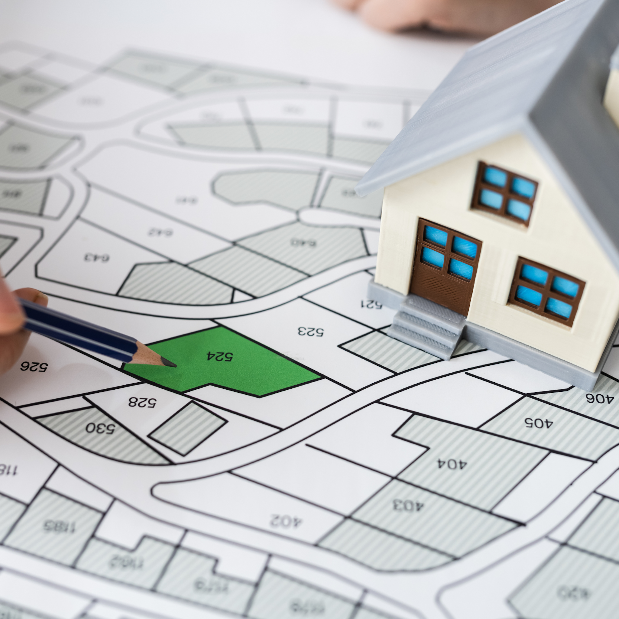 Model house on a plot map with a hand holding a pencil