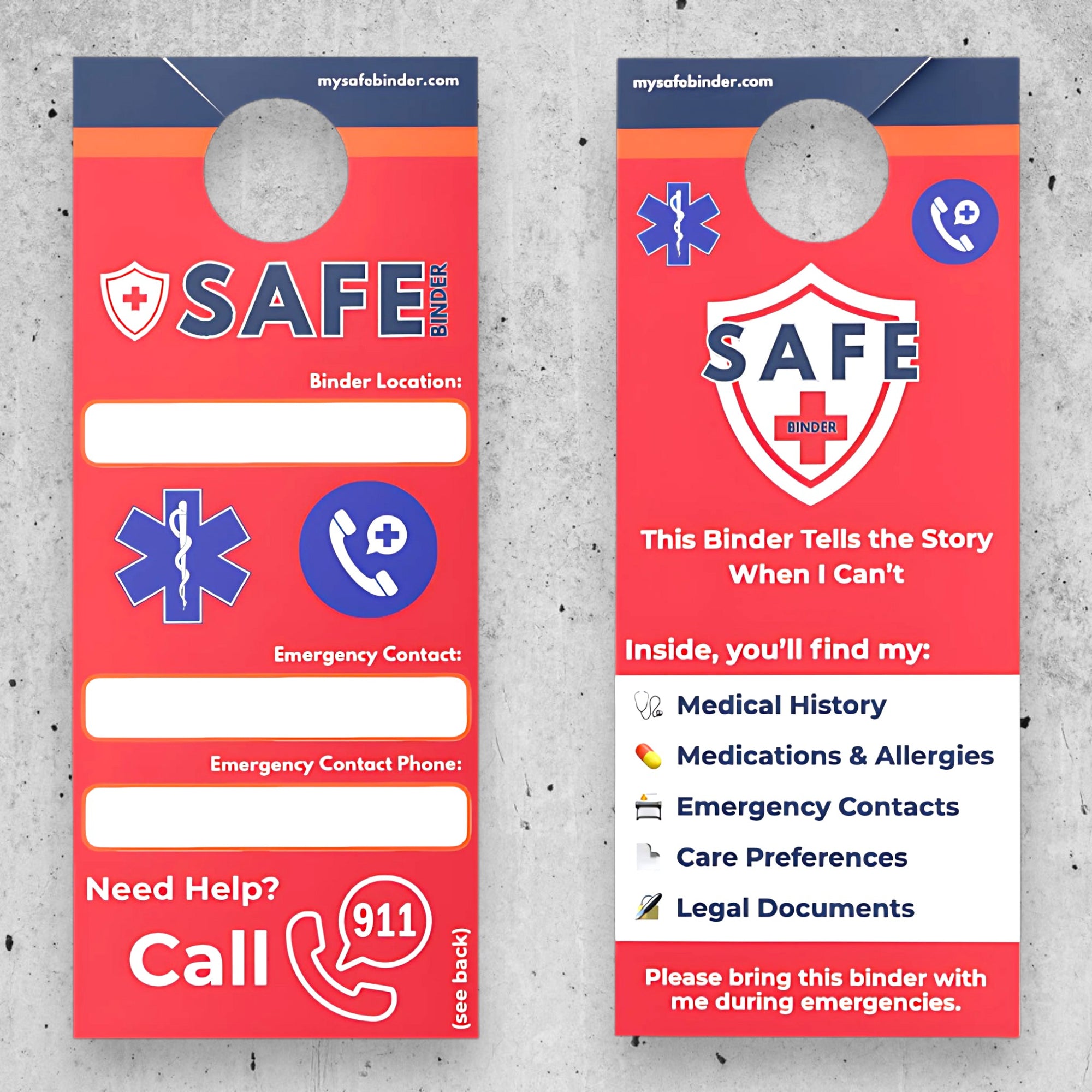 Two SAFE Binder door hangers on a textured gray concrete background