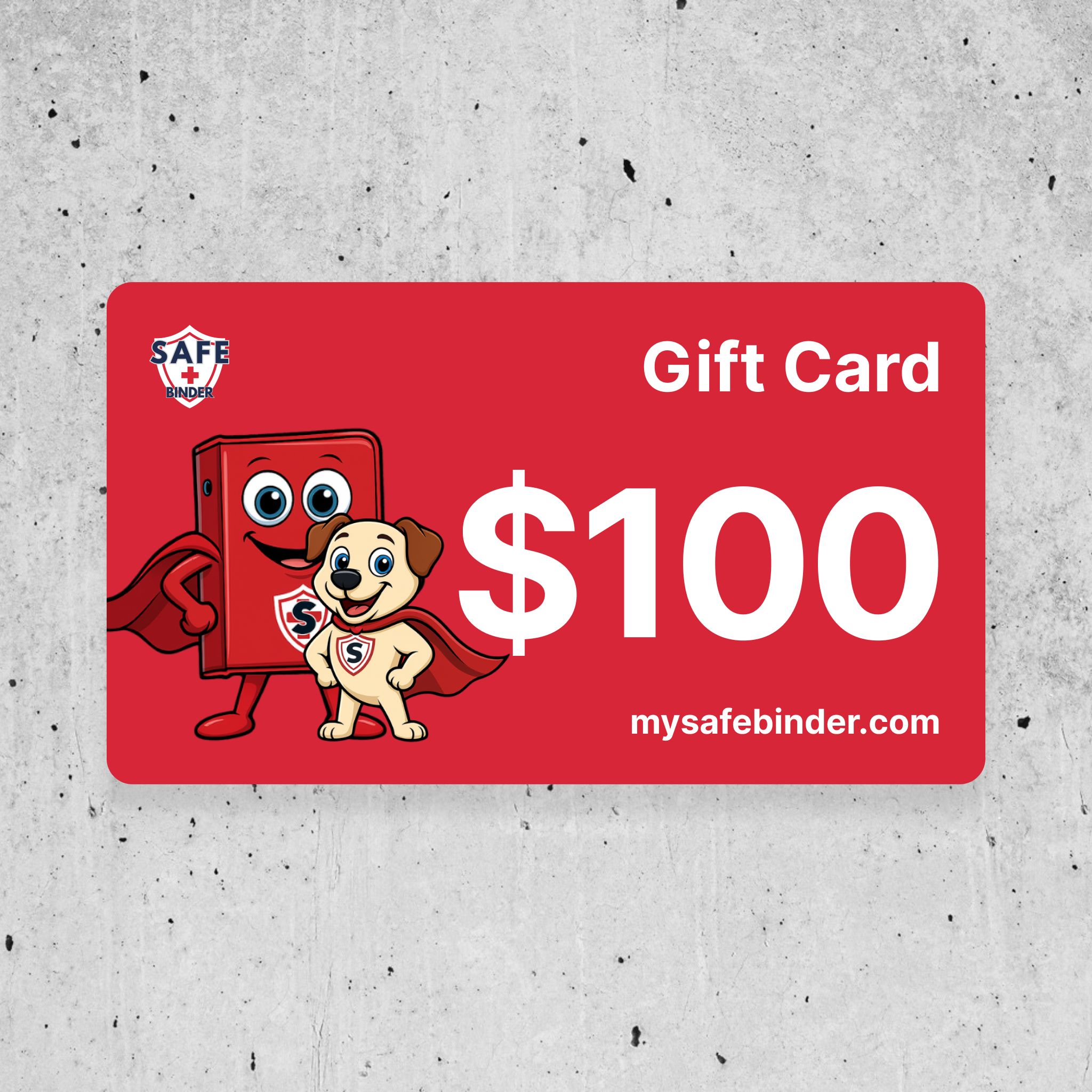 Red gift card with cartoon characters and value $100 on a gray concrete background