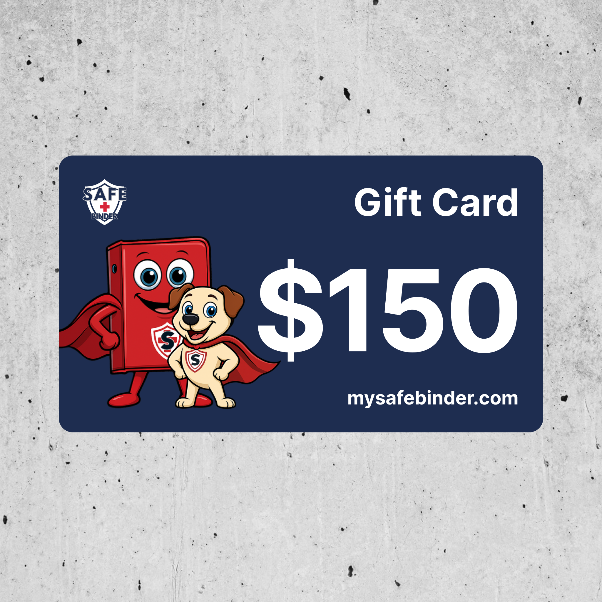 Blue gift card with cartoon characters and value $150 on a gray concrete background