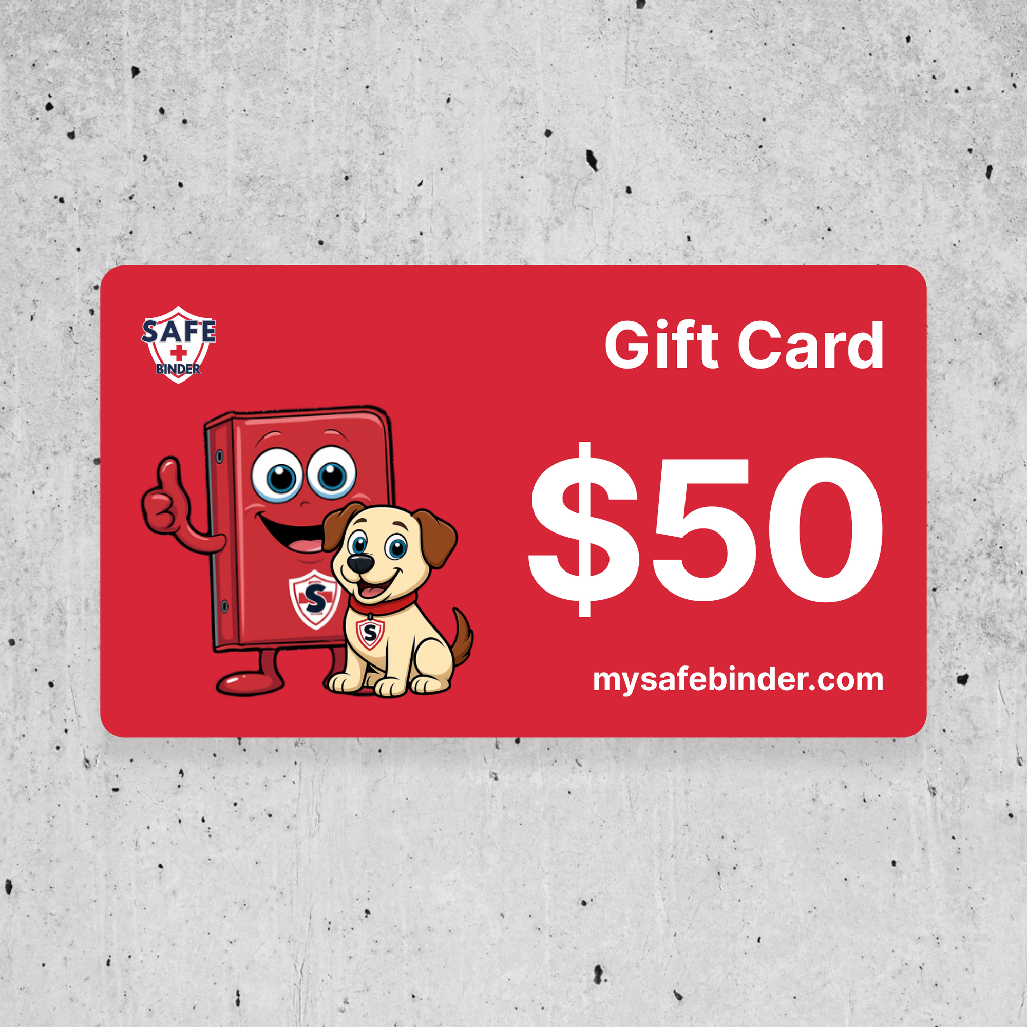 Red gift card with cartoon characters and value $50 on a gray concrete background