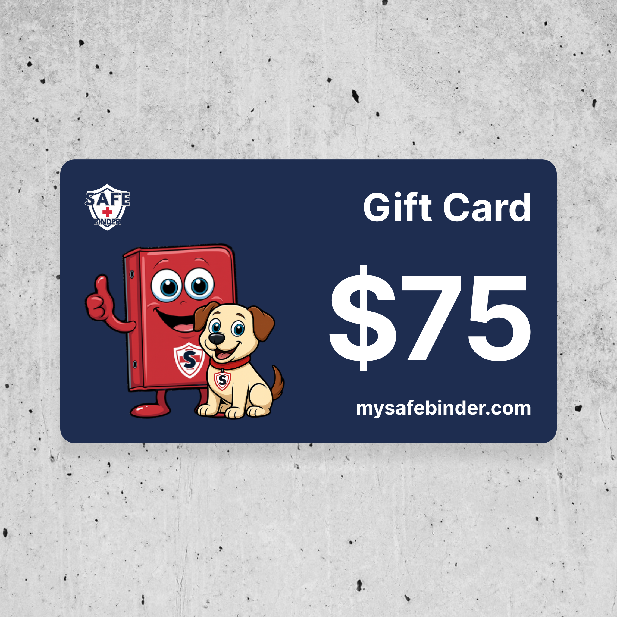 Blue gift card with cartoon characters and value $75 on a gray concrete background