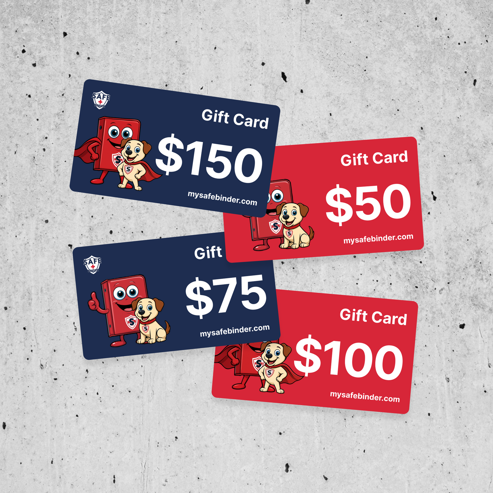 Four gift cards with different values on a gray concrete background