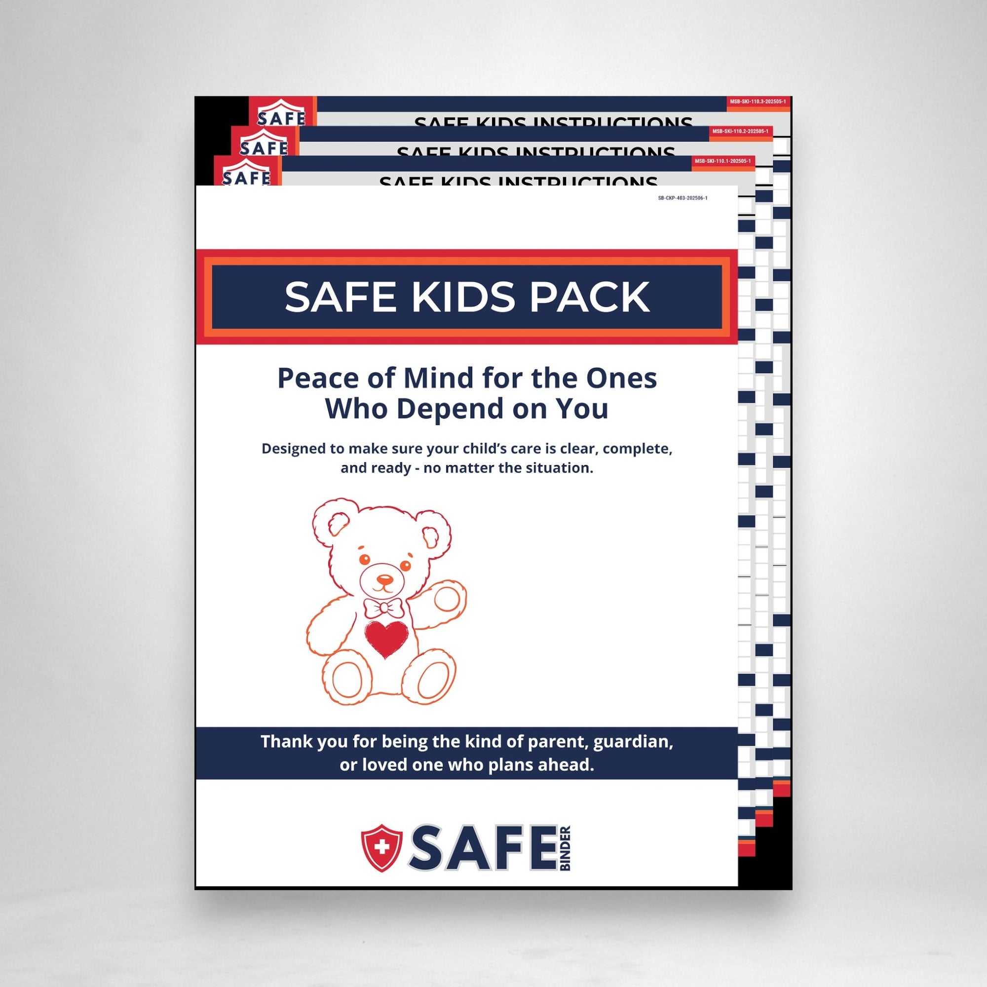  SAFE Kids Pack document with branding and text on a gray background