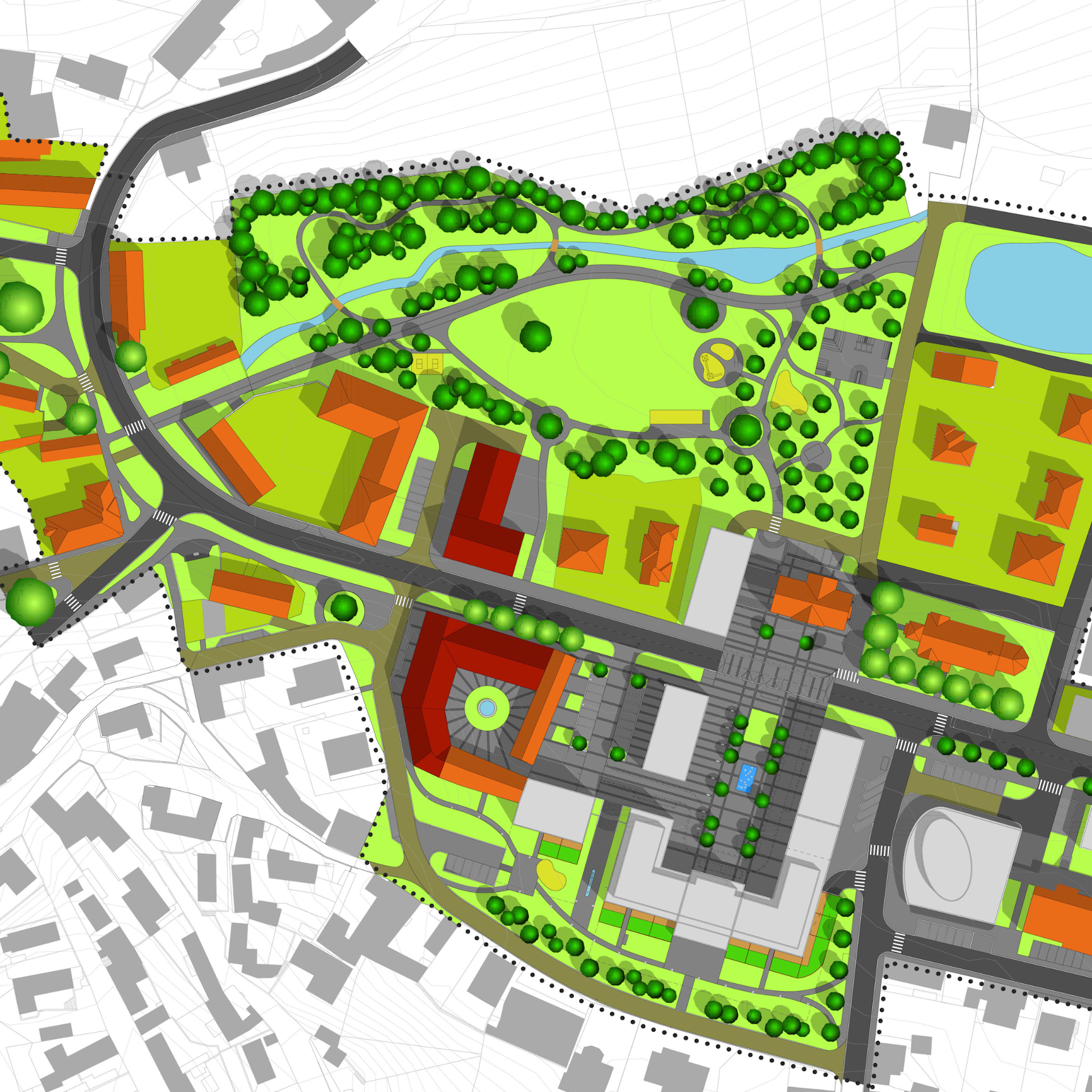 Colorful architectural plan of a neighborhood layout with green spaces and buildings