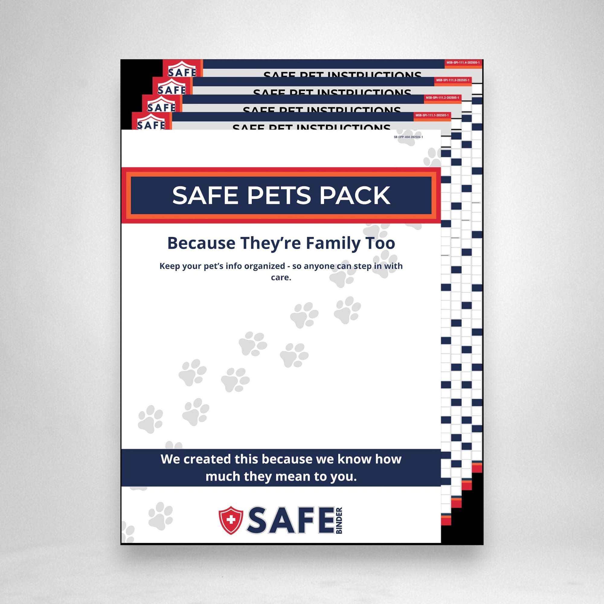  SAFE Pets Pack document with branding and text on a gray background