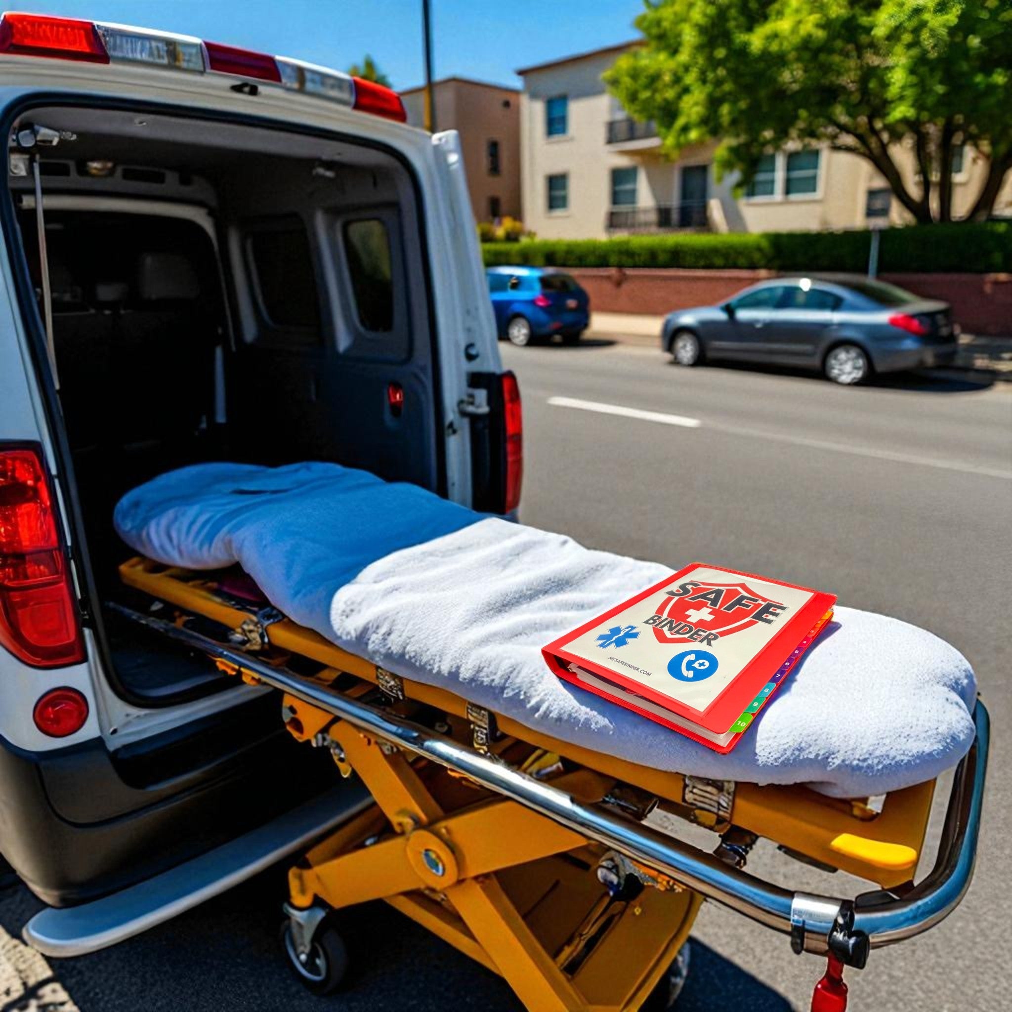 Ambulance with stretcher and SAFE Binder on a street