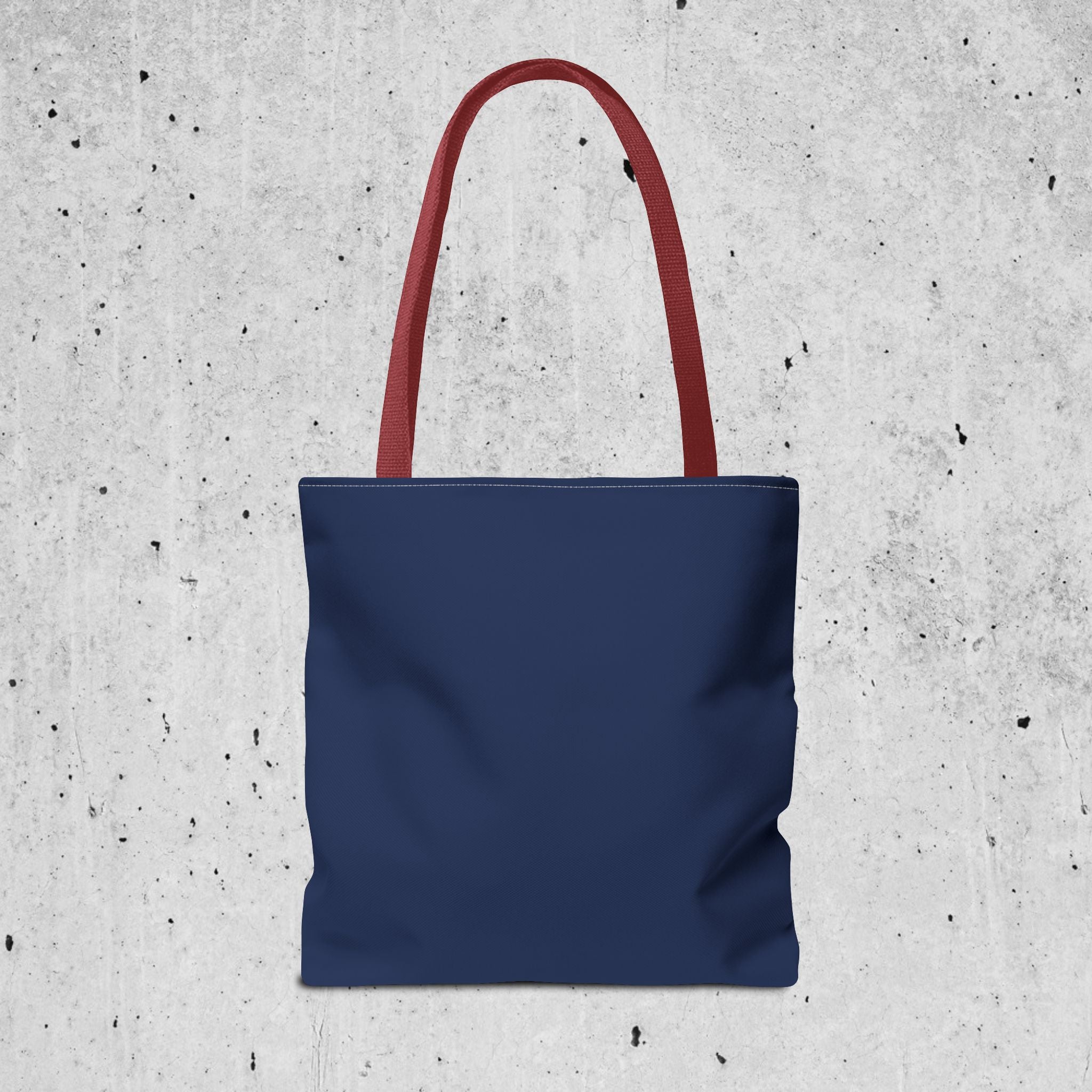 The back of a blue tote bag