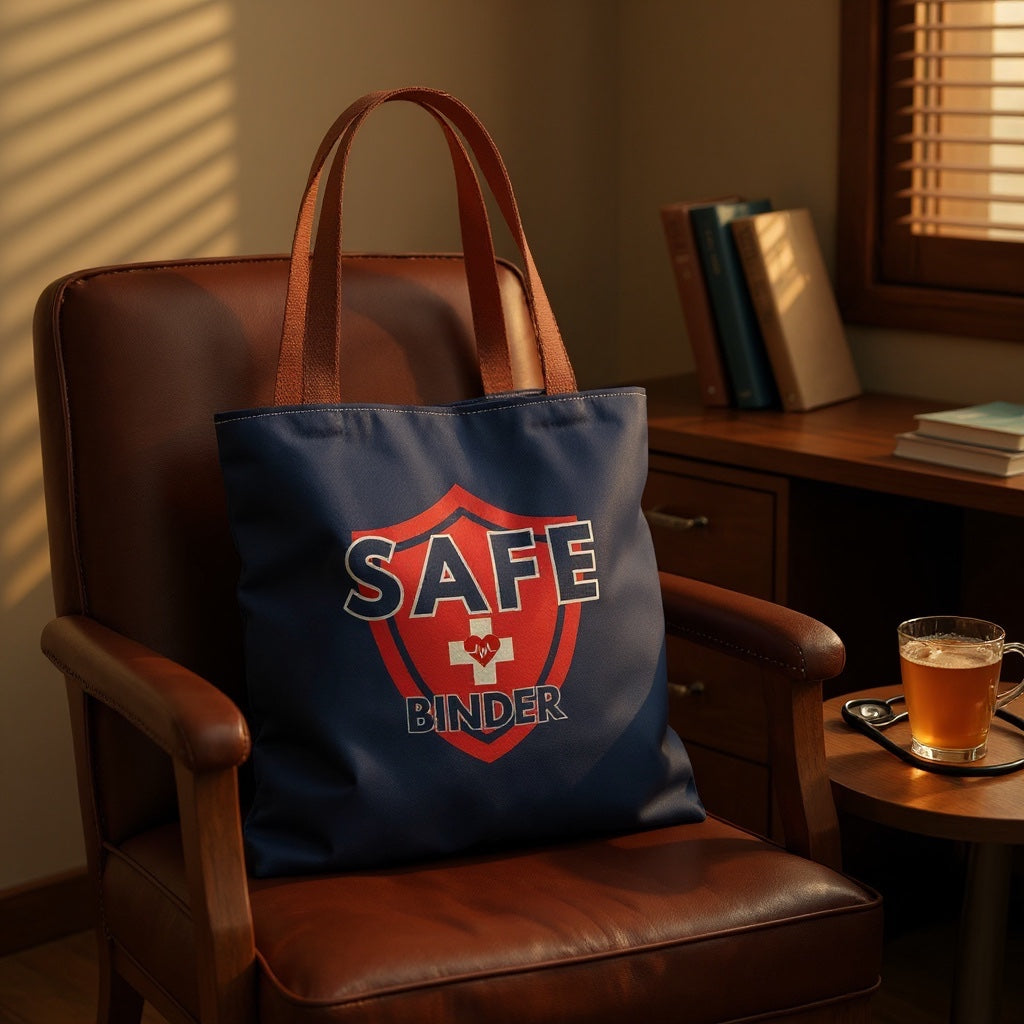 A blue tote bag resting on a brown leather chair