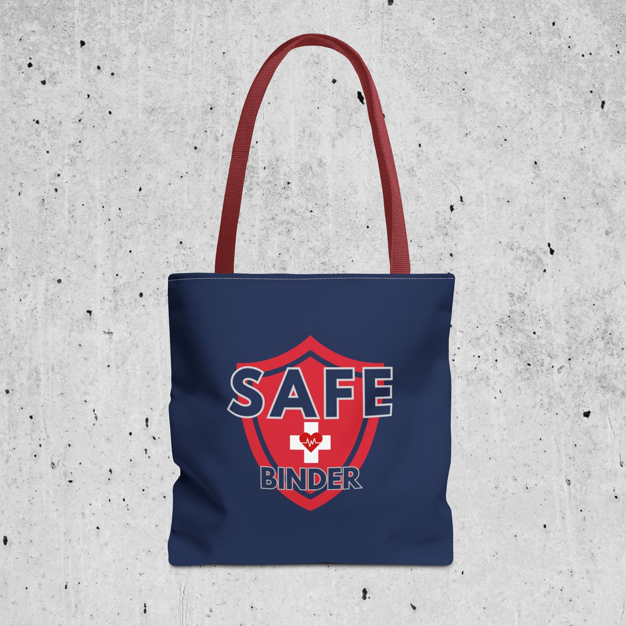 The front of a blue tote bag