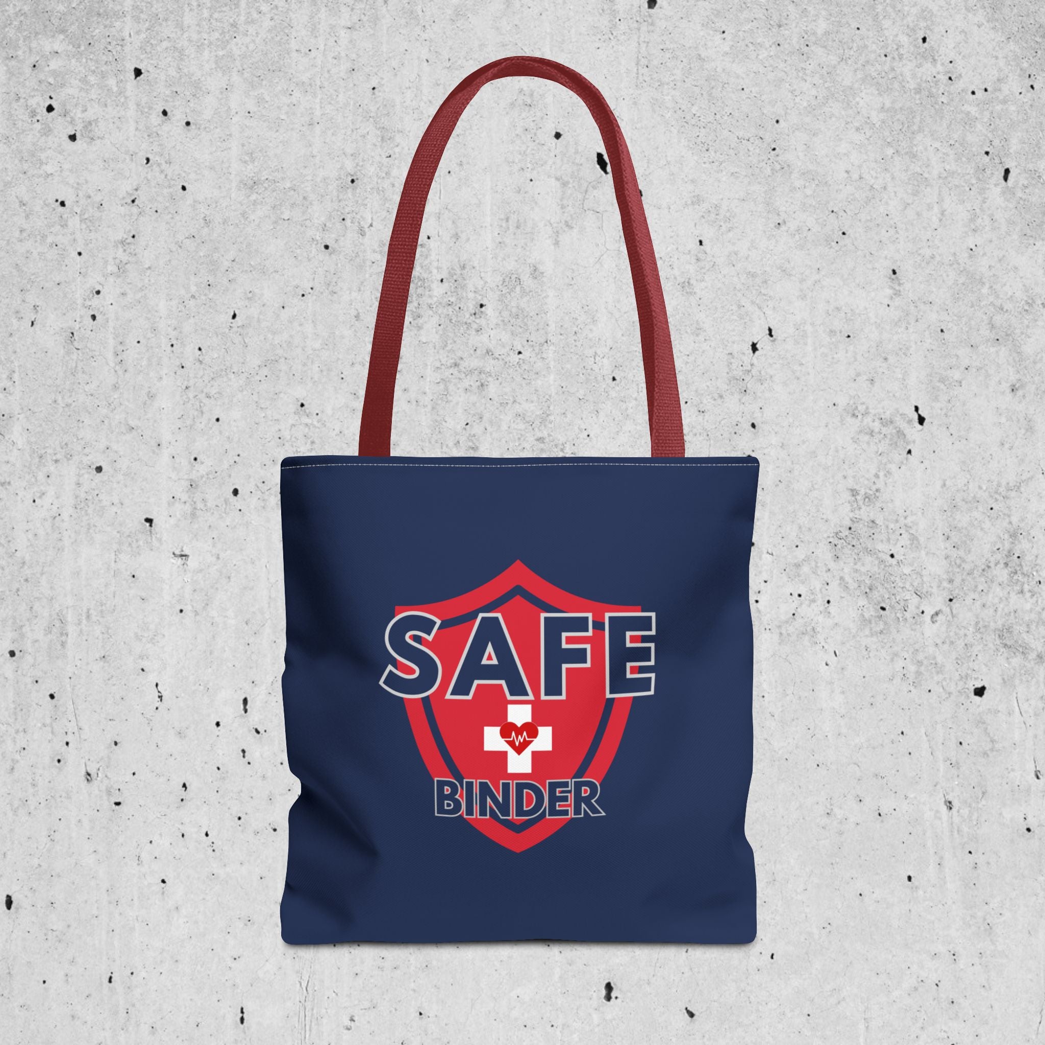 The front of a blue tote bag