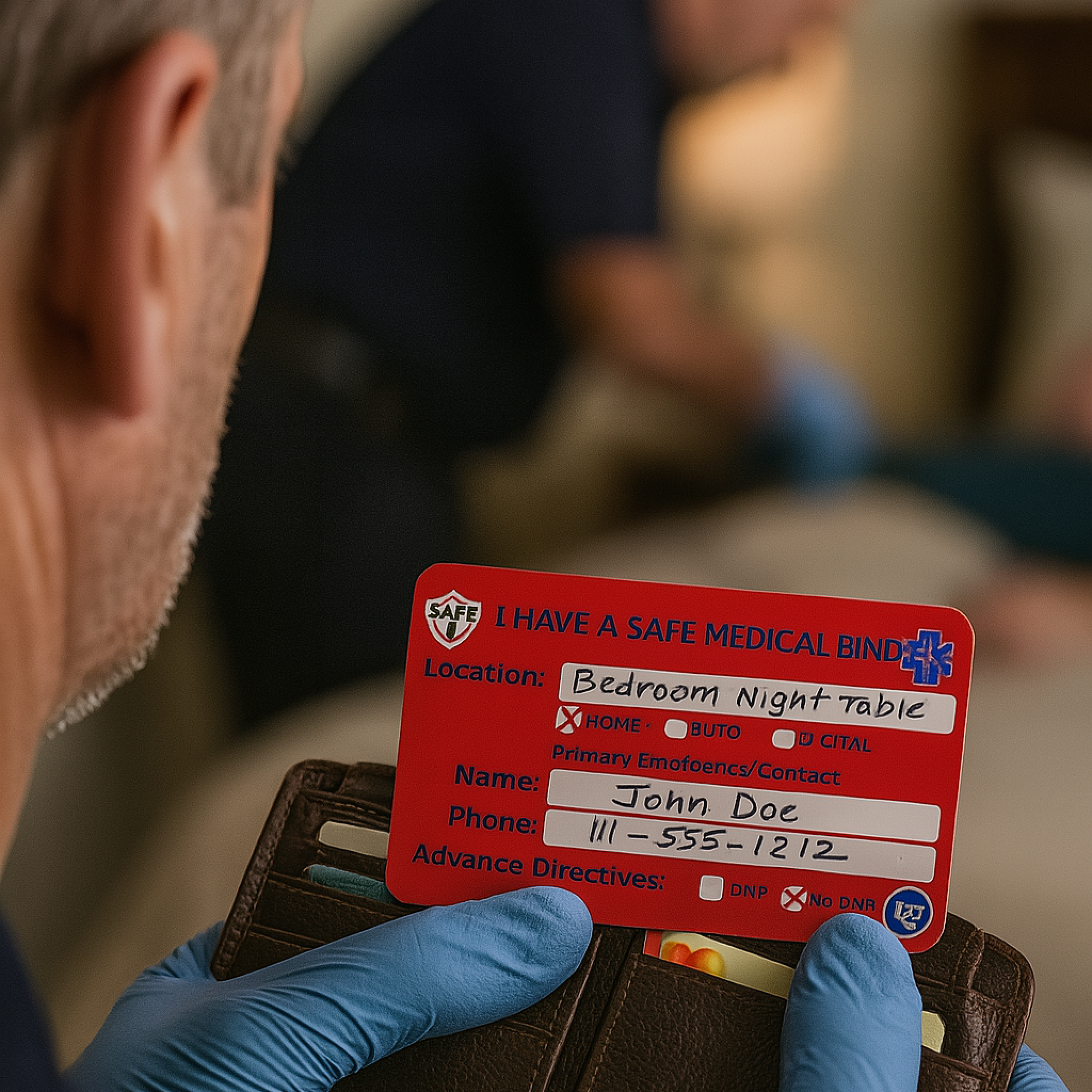Person wearing blue gloves holding a red SAFE Binder wallet card with contact information